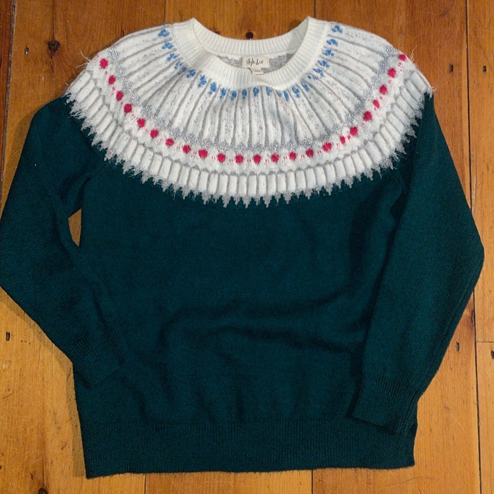 Style & Co Fair-Isle Sweater Green Pink Blue Metallic Silver crew neck Size L